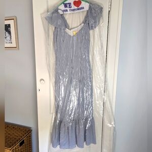 Wayf Blue and White Striped Seersucker Midi Dress